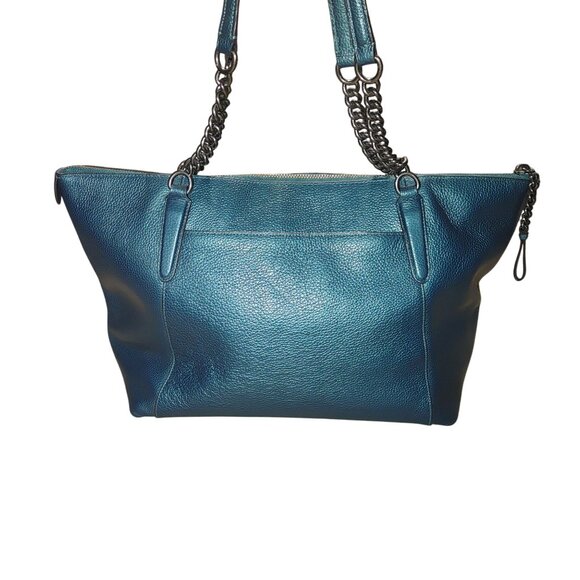 Coach Ava Chain Leather Shoulder Bag Wallet Set Metallic Teal Turquoise Nickle - Picture 8 of 15